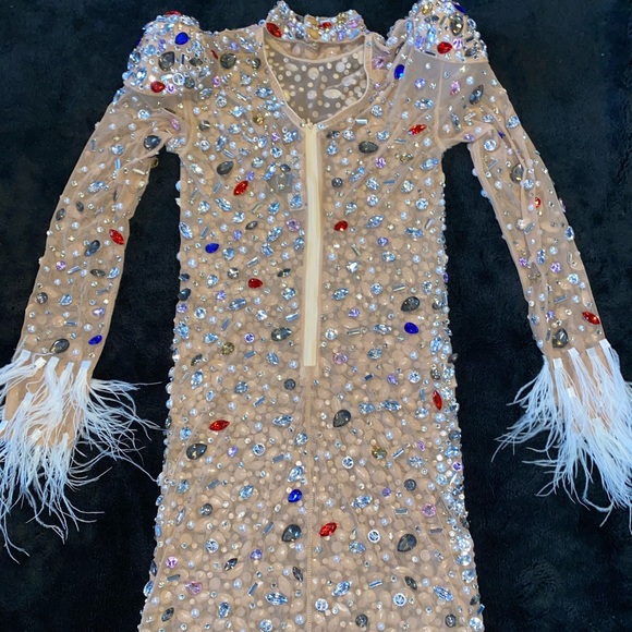 Nude Mesh Feather Rhinestone Bodycon Mini Dress - Picture 5 of 5